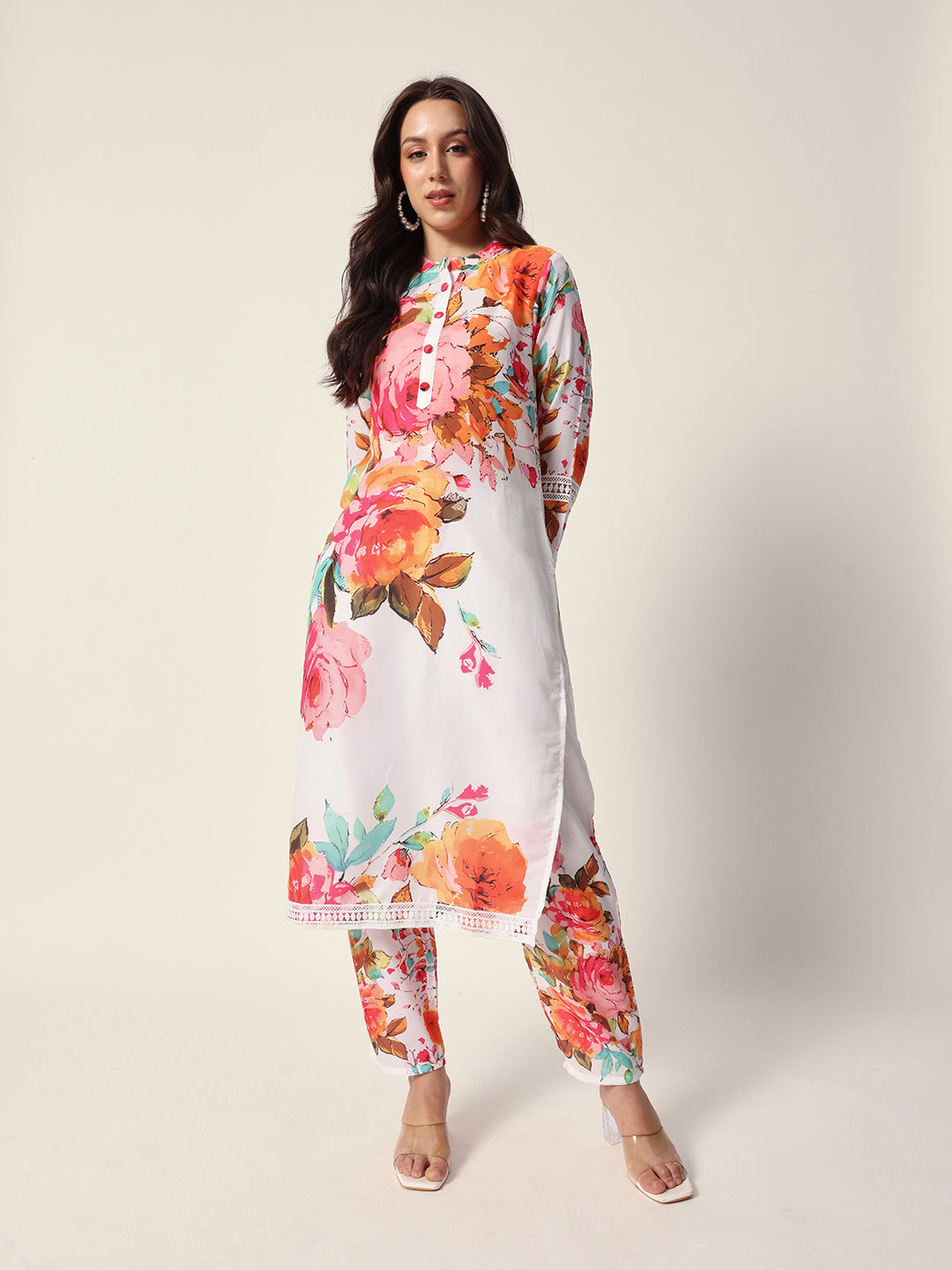 Comfy Off White cotton blend floral printed straight fit kurta set with dupatta