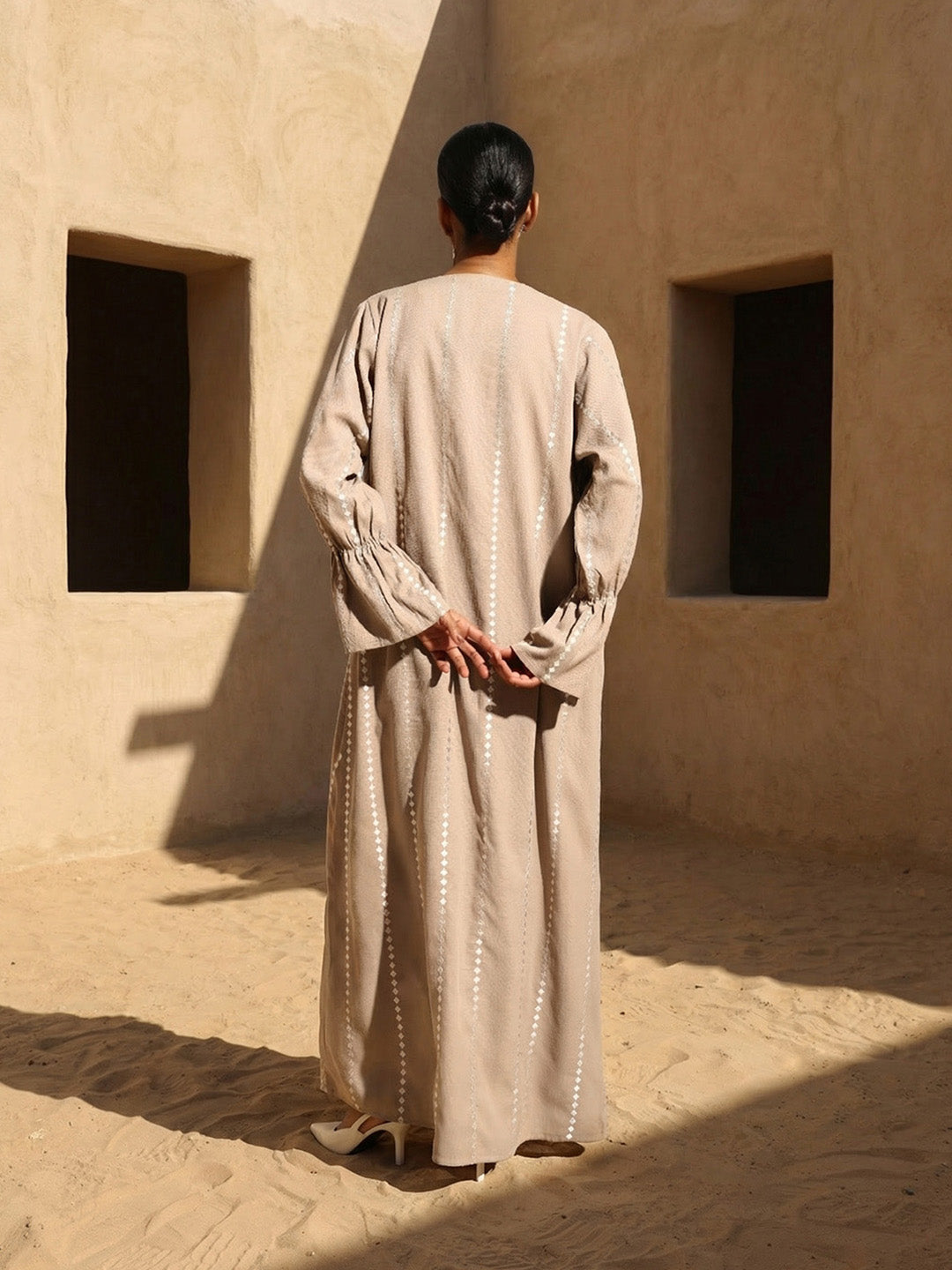 Rich Beige Relaxed Abaya with Hijab in Crinckle Cotton