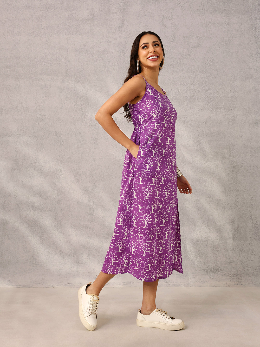 Purple Smart Workwear Printed Strappy  Dress
