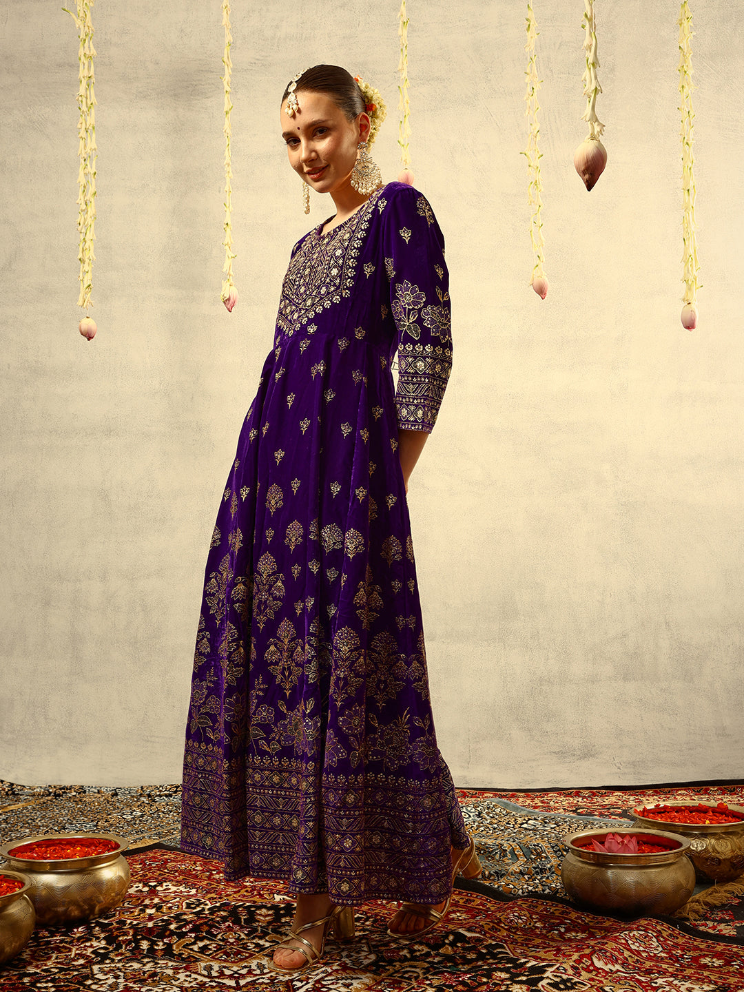 Ishin Purple Gold Printed Anarkali Festive Kurta with Trouser & Velvet Dupatta