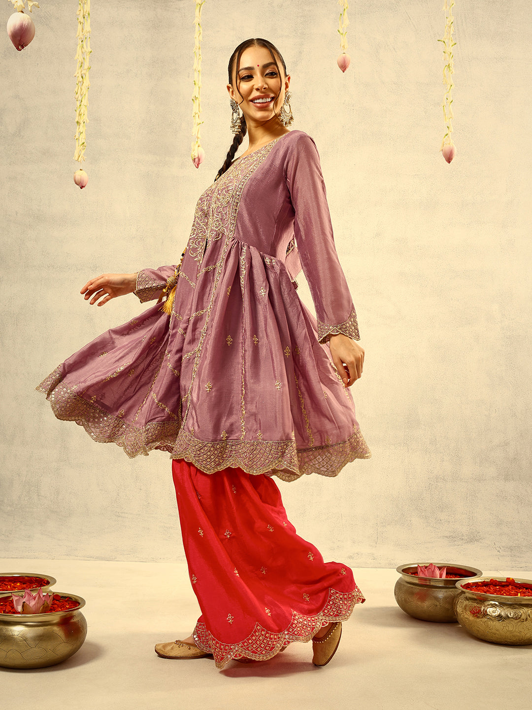 Ishin Purple Cording & Zari Embroidered  Festive Kurta with Sharara & Embellished Dupatta