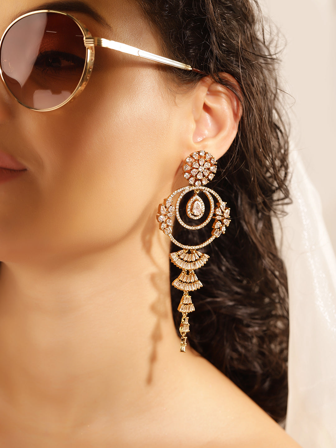 White Colour Gold Plated AD Drop Earring