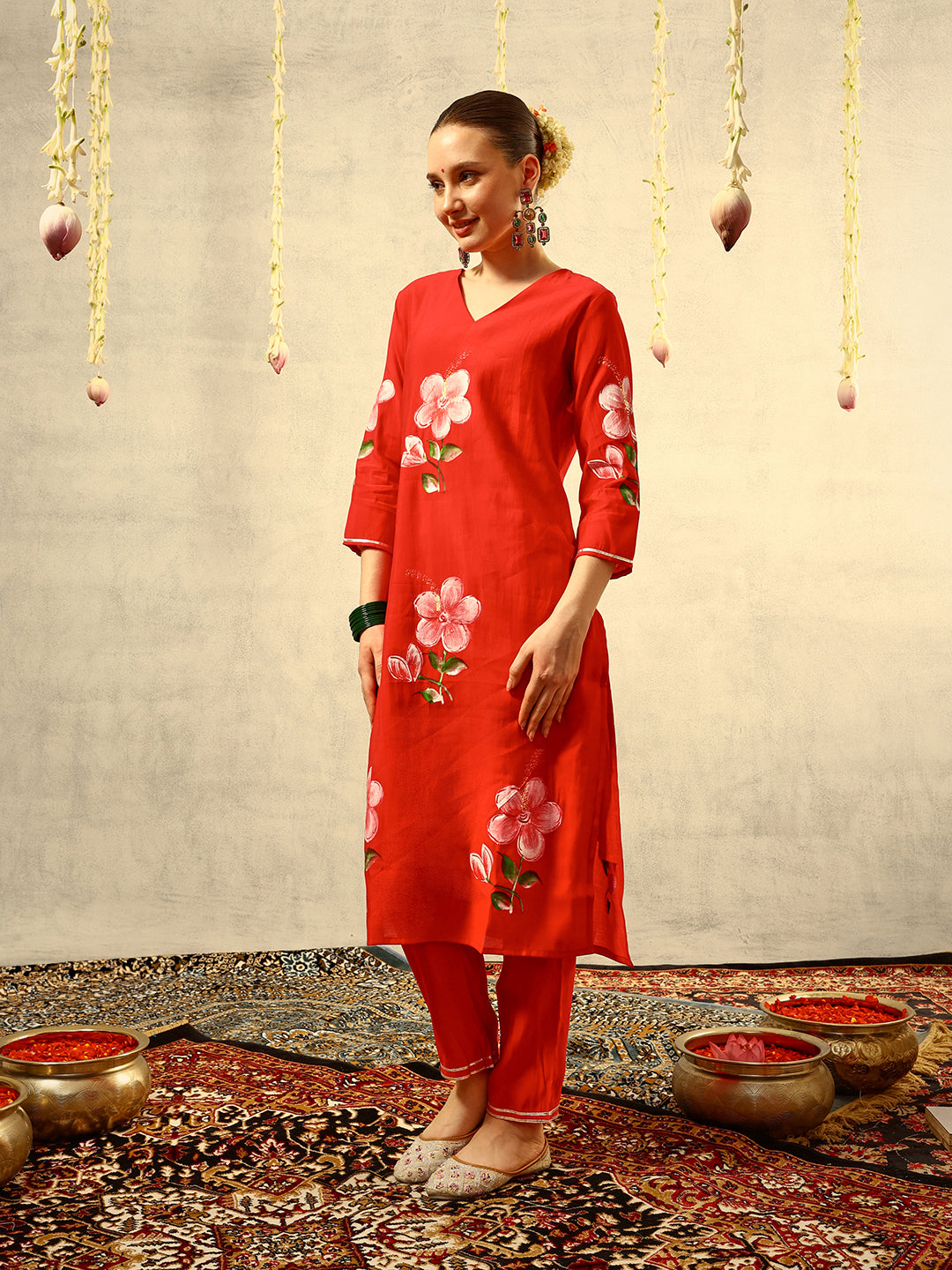 Red Floral Hand Painted Kurta with Trouser and Dupatta
