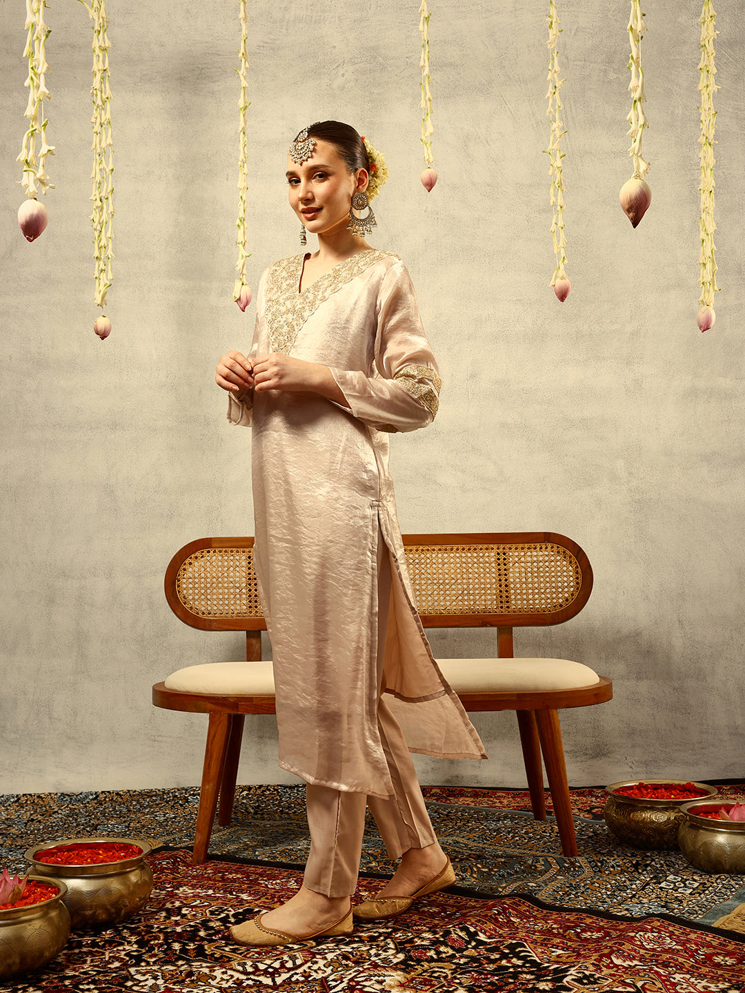 Cording & Zari Embroidered  Festive Kurta with Trouser & Embellished Dupatta