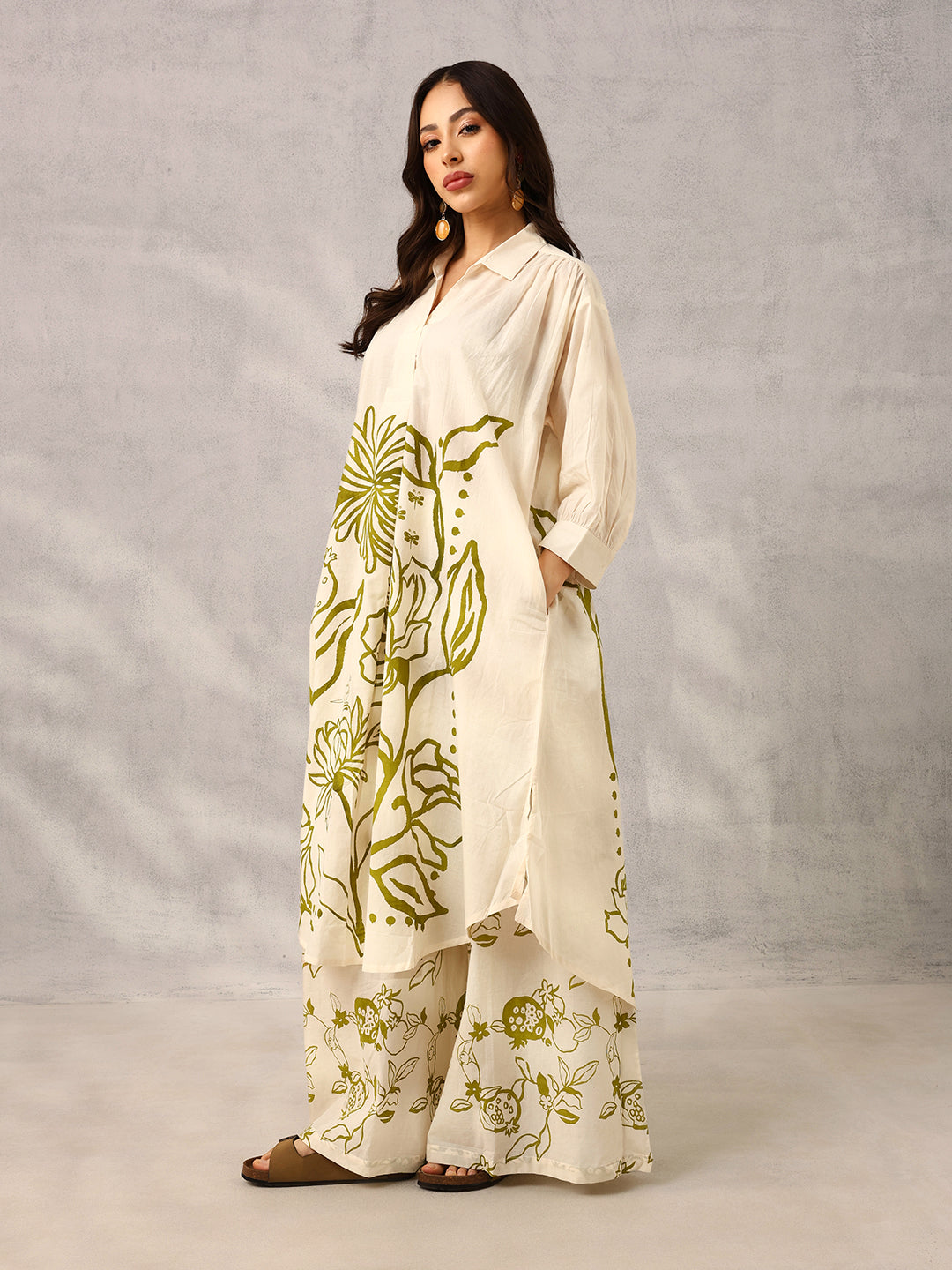 Ishin Off White  & Olive Relaxed Workwear Printed Kurta with Palazzo
