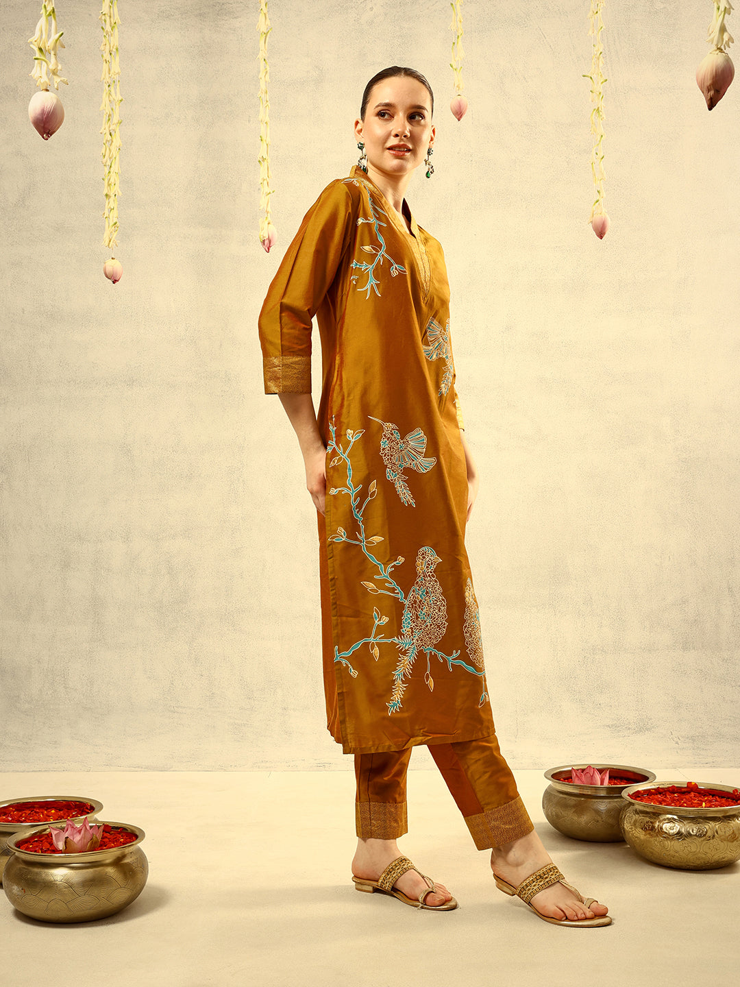 Ishin Olive Gold Foil Print Kurta with Shawl Collar & Trouser