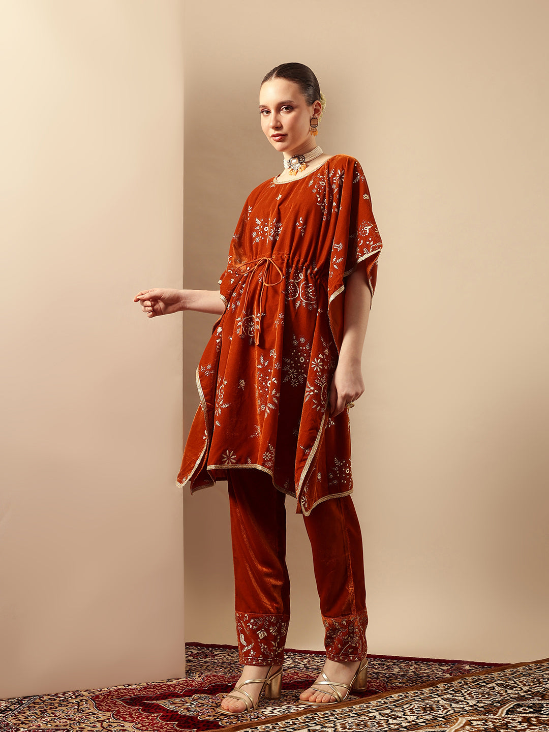 Rich Rust   Gold Print Kaftan Set Co-ords with dupatta