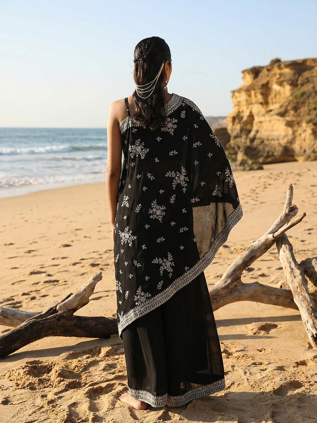 Rich Chinon Embroidered Black Embroidered A Line Co-Ords ShararaBottom