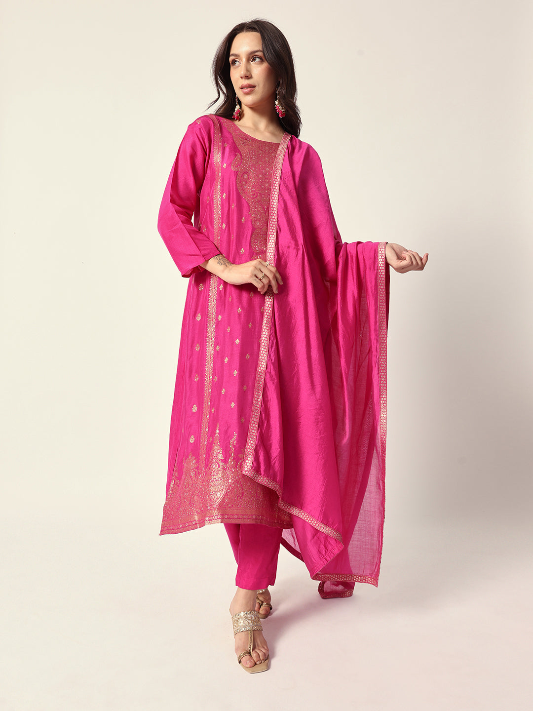 Graceful Pink poly silk foil printed straight fit kurta set with dupatta