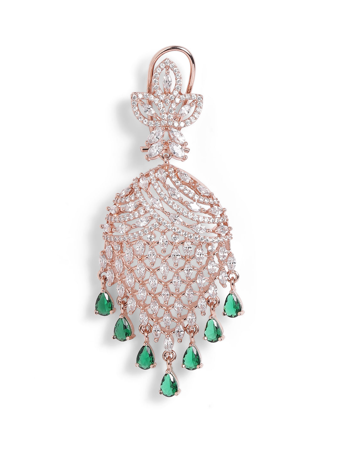 Green Colour Rose Gold Plated AD Drop Earring