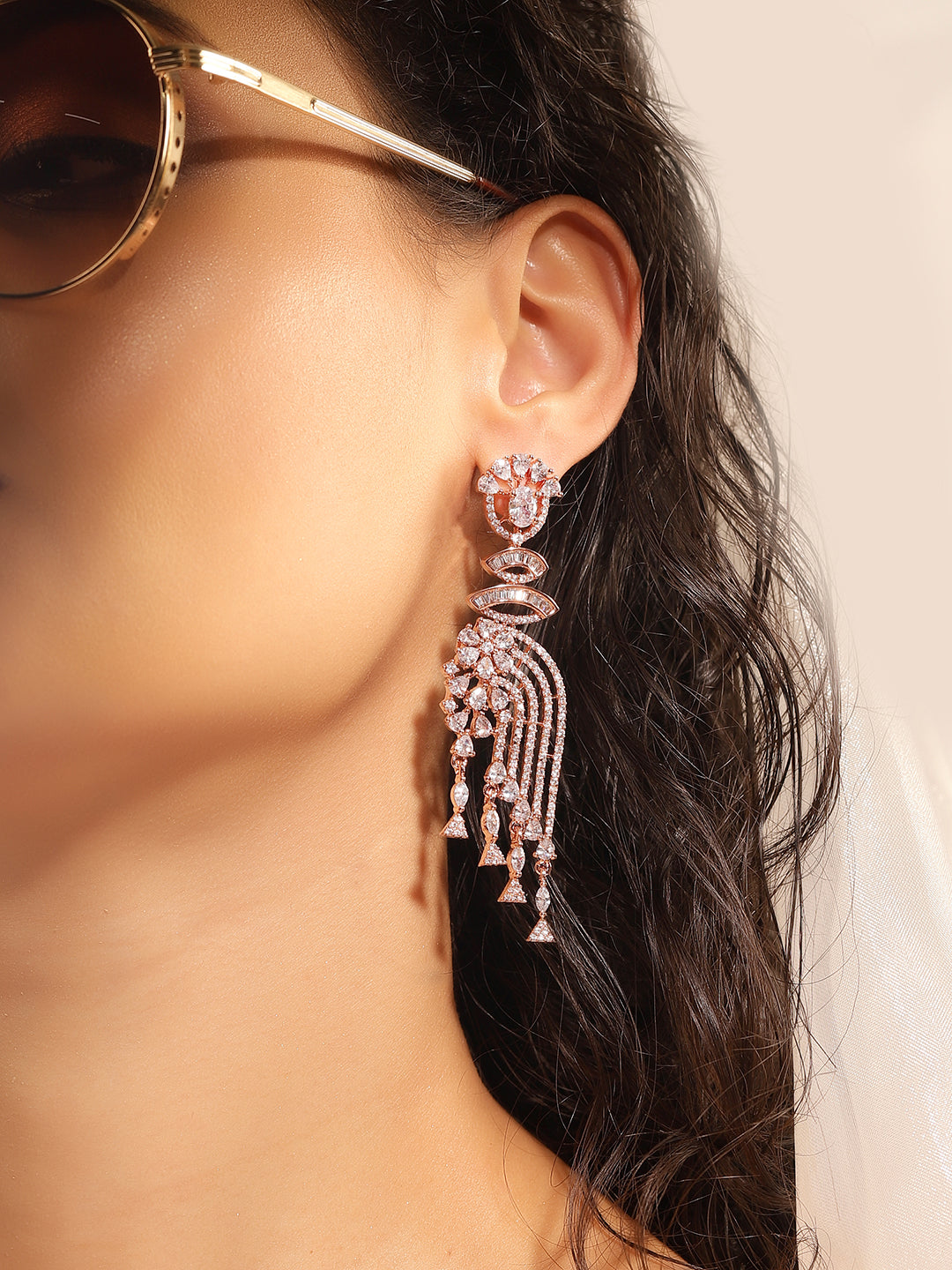 White Colour Rose Gold Plated AD Drop Earring