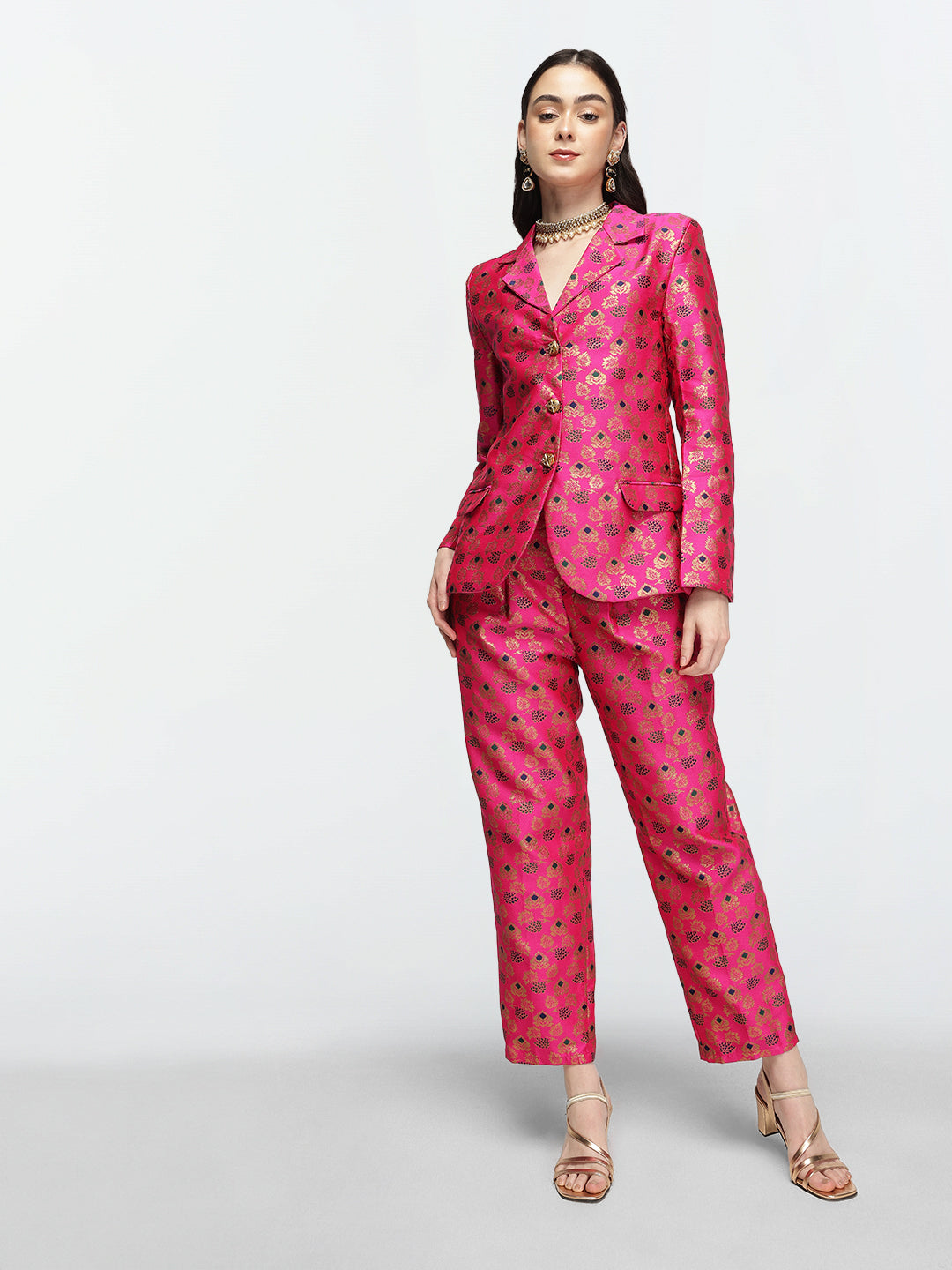 Rich Pink Jacquard Silk Blend Regular Fit Co-ord Set with Lapel collar