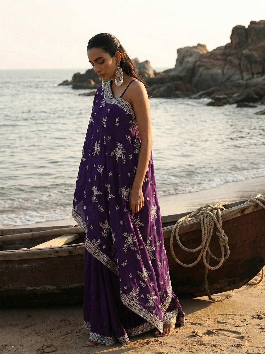 Rich Chinon Embroidered Purple Embroidered A Line Co-Ords Sharara Bottom