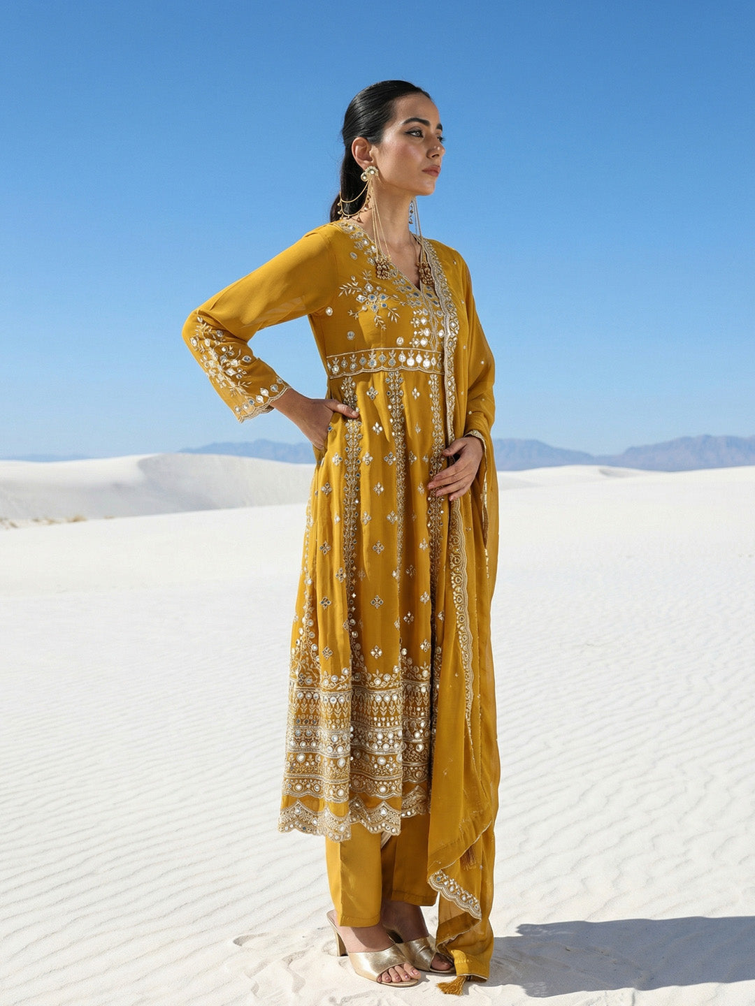 Rich Mustard Embroidered Anarkali Kurta sets