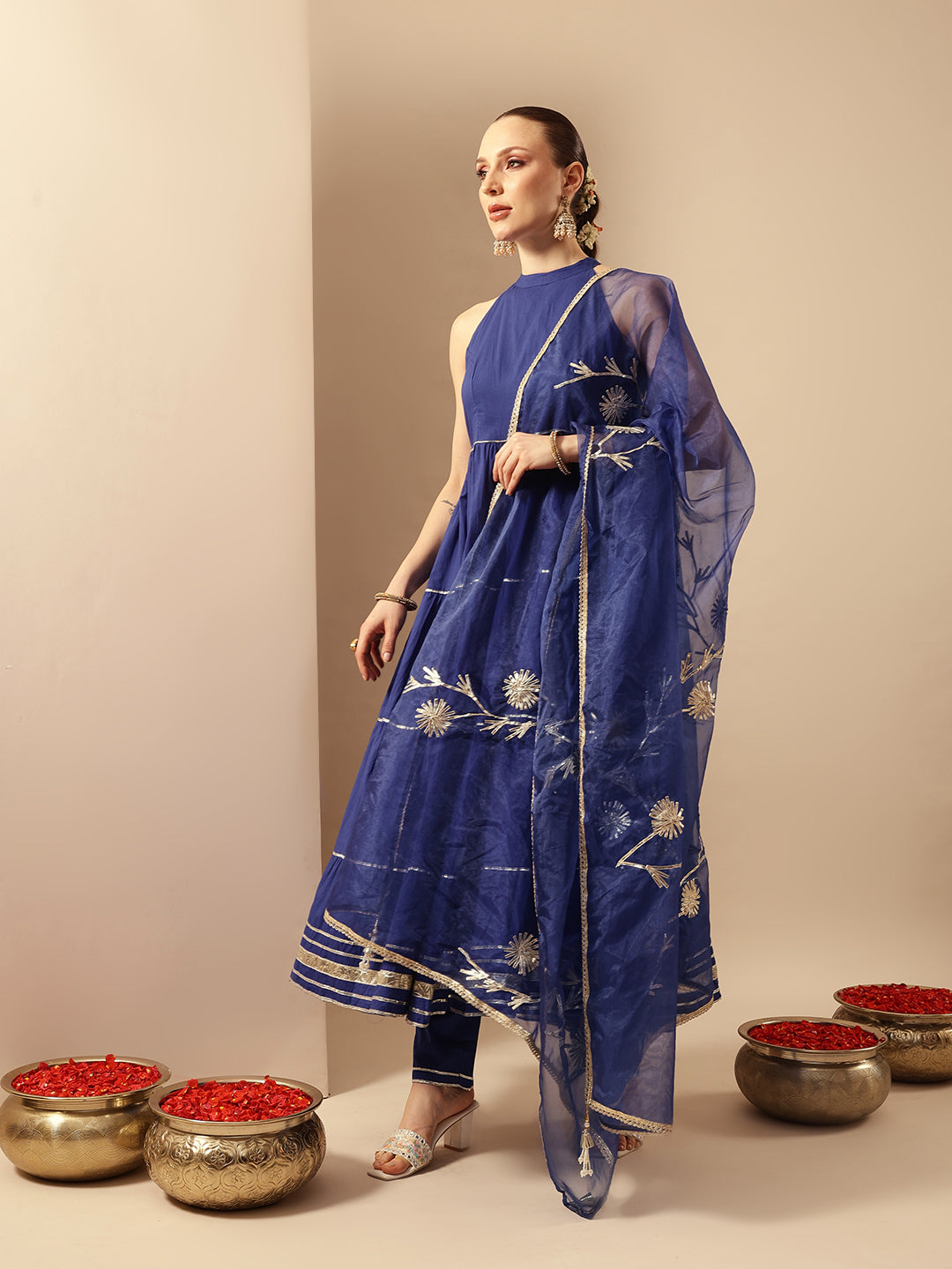 Comfy Royal Blue Organza Embroidered Anarkali Kurta Sets