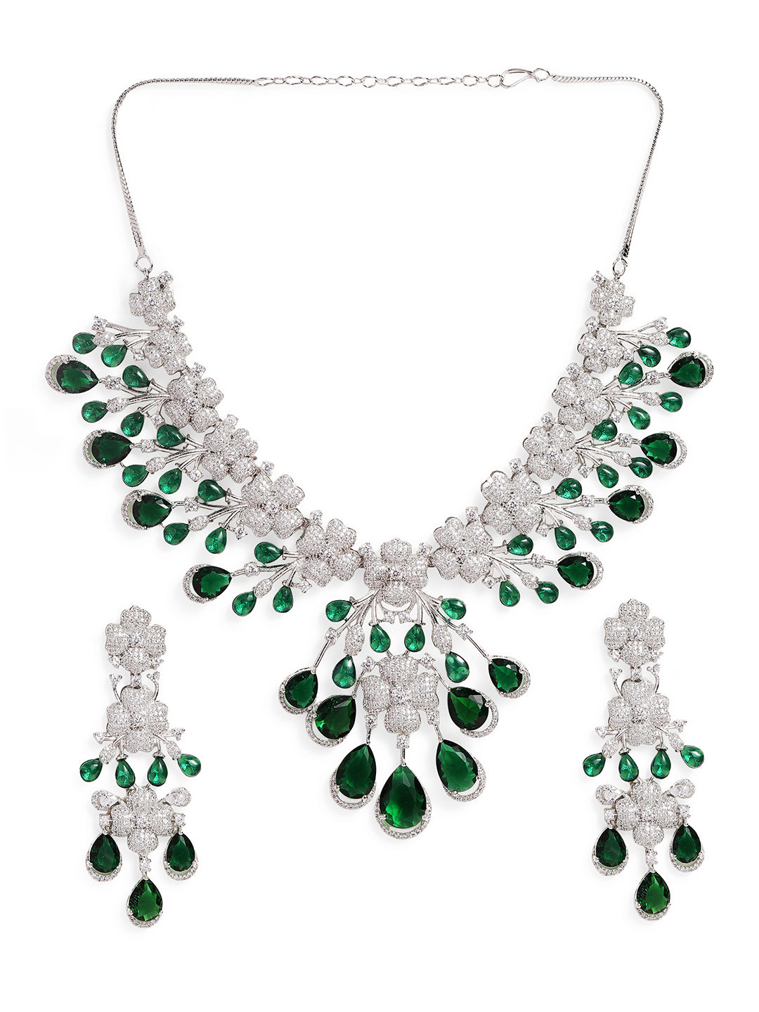 Ishin Green  Colour Silver Plated American Diamond Jewellery Set