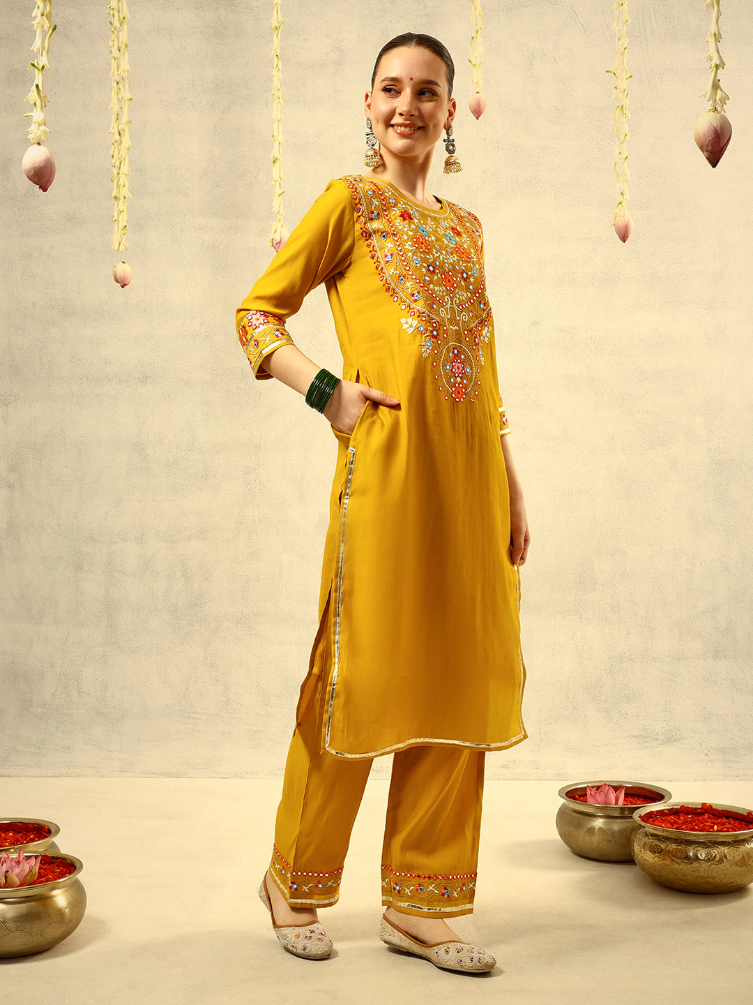 Mustard Mirror & Thread Embroidered  Festive Kurta with Trouser & hand painted Dupatta