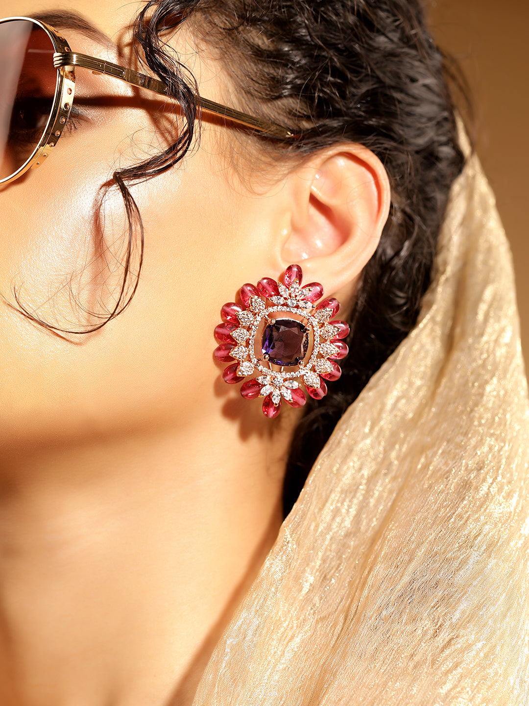 Emethyst Colour Rose Gold Plated AD Studs Earring