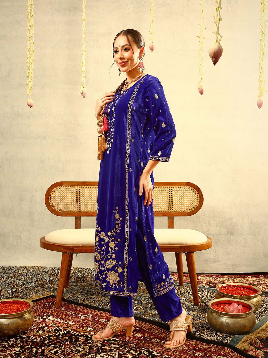 Royal Blue Gold Print Festive Kurta with Trouser & Velvet Dupatta