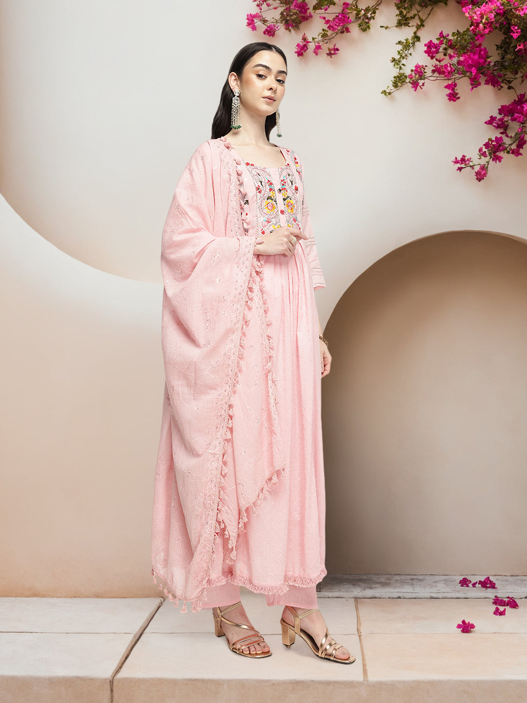 Graceful Pink  Cotton Dobby Embroidered A-line Kurta Set  with tasseled dupatta