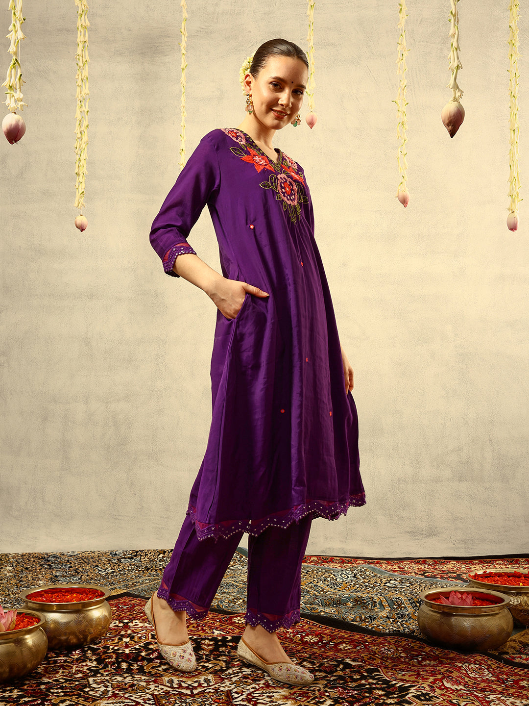 Ishin Purple Mirror & Thread Embroidered  Festive Kurta with Trouser & Hand Painted Dupatta