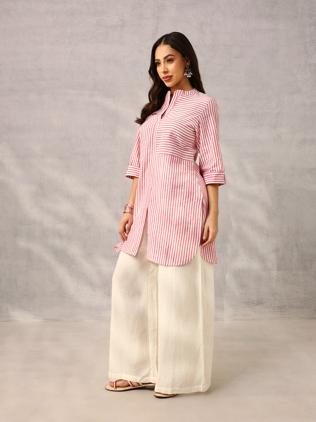Pink and White Yarn Dyed Stripe Tailored Workwear Kurta