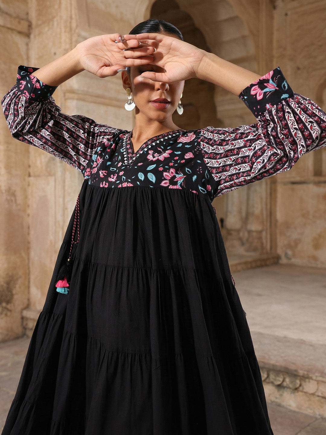 Graceful Black Cotton Floral Printed Tiered fit Gown