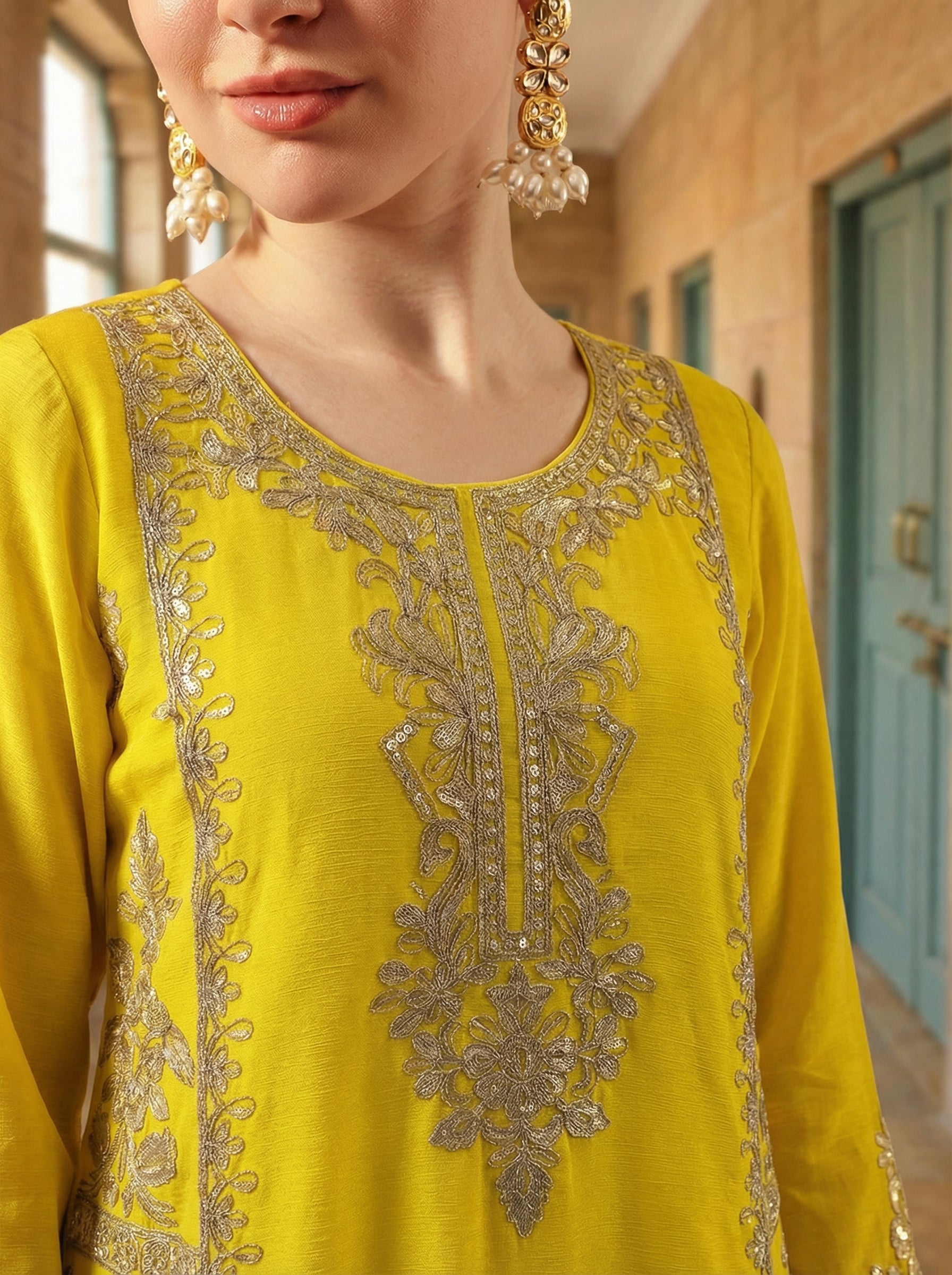 Rich Yellow Embroidered Straight Kurta sets