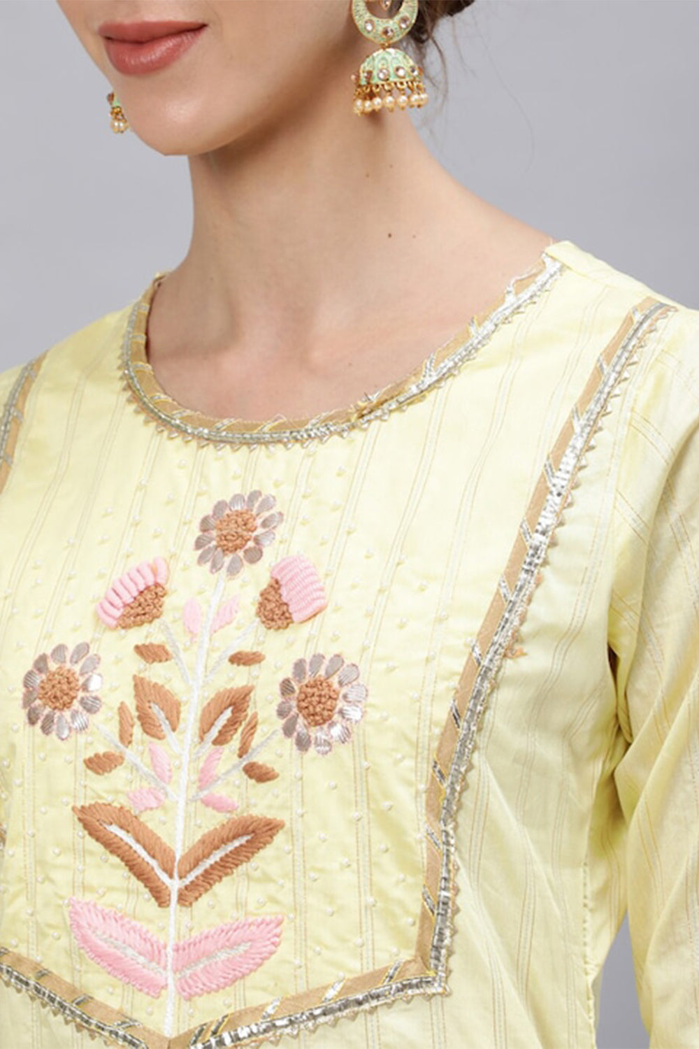 Women Yellow Embroidered Beads and Stones Kurta Set