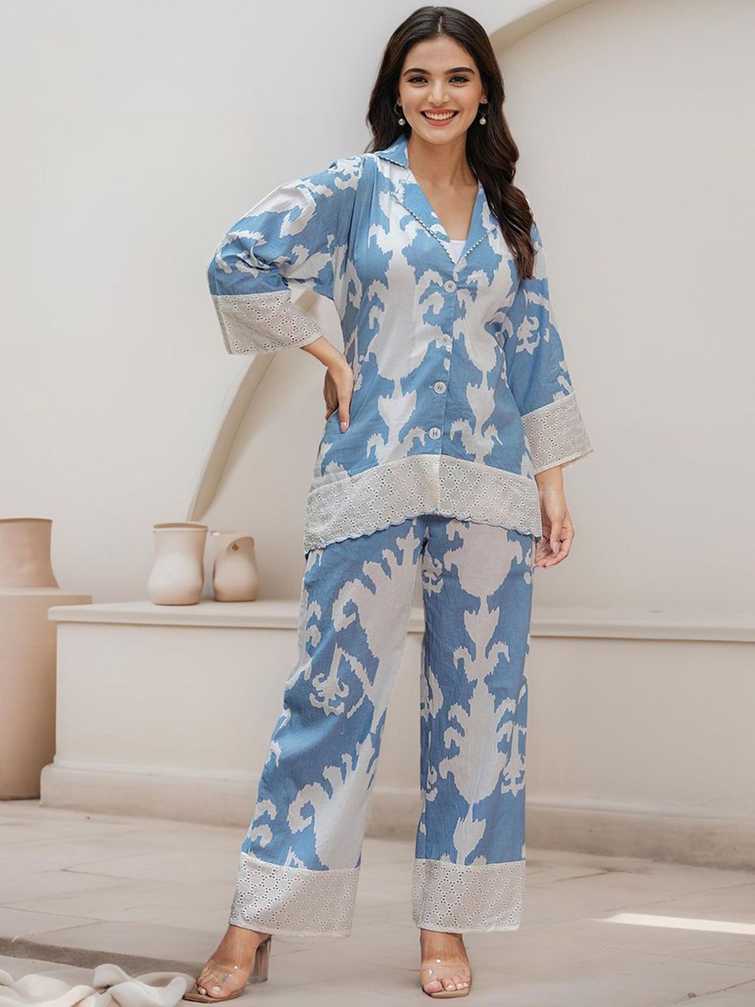 Comfy Cotton Blue Abstract Print Co-Ord Set With Lace Detailing