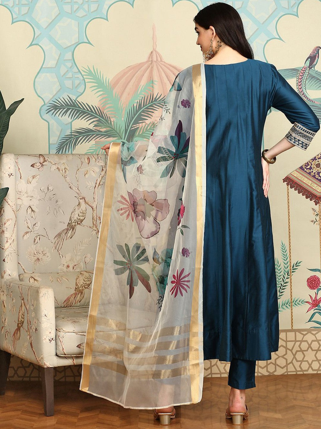 Graceful NavyBlue Silk Blend Zari Embroidery Aline  kurta set with dupatta