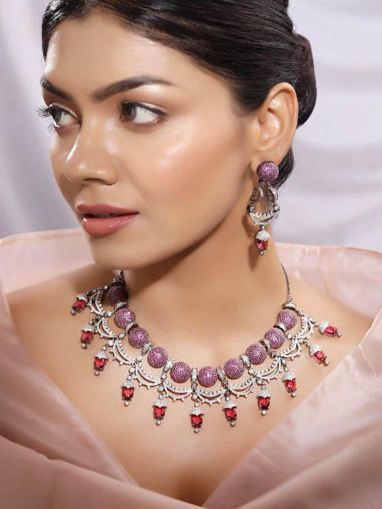 Ishin Pink  Colour Silver Plated American Diamond Jewellery Set