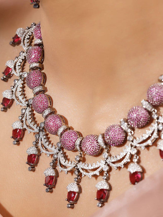 Ishin Pink  Colour Silver Plated American Diamond Jewellery Set