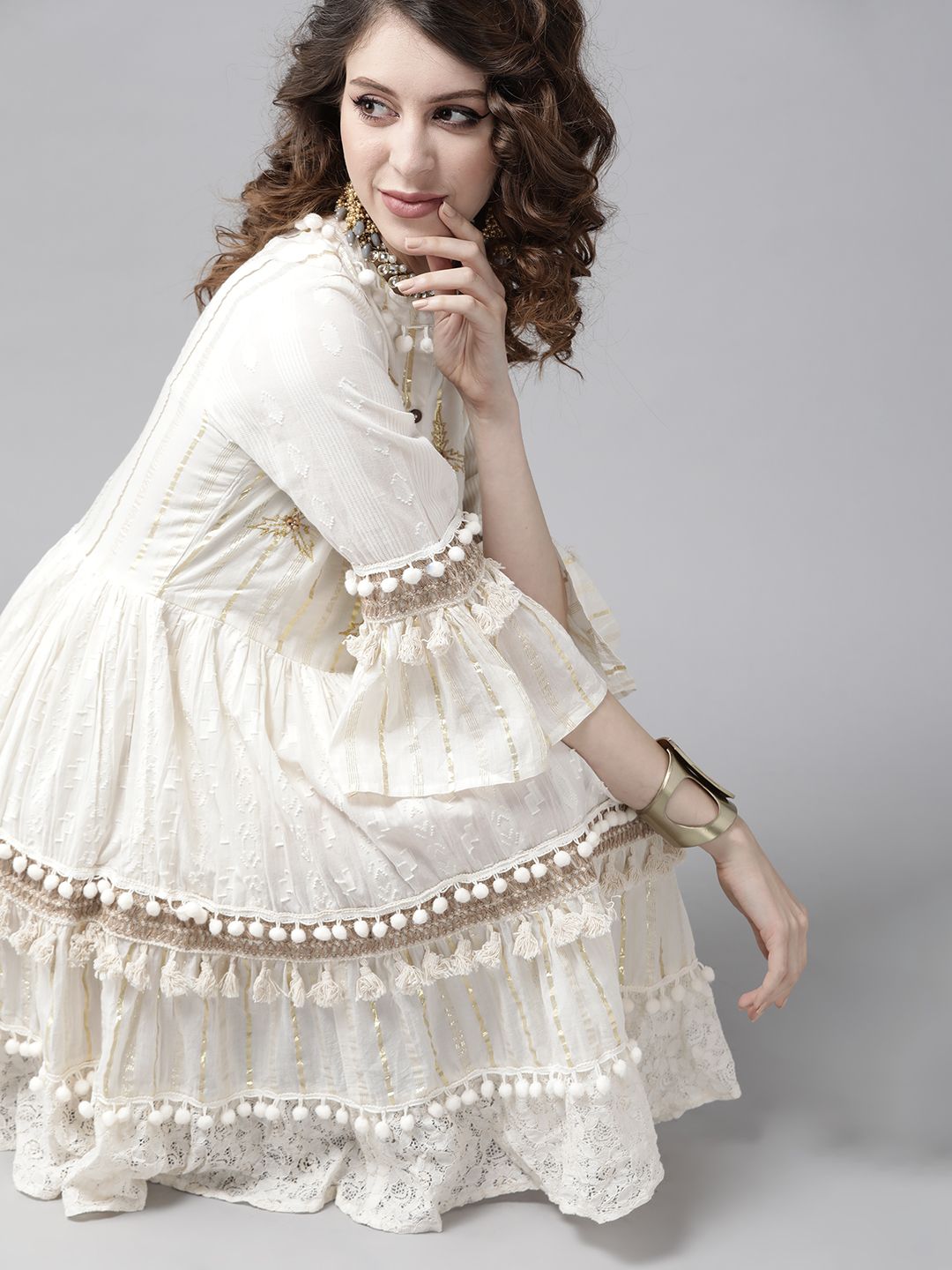 Comfy Off-White Cotton Embroidered Fit & Flare Dress With Bell Sleeves And Scalloped Hemline
