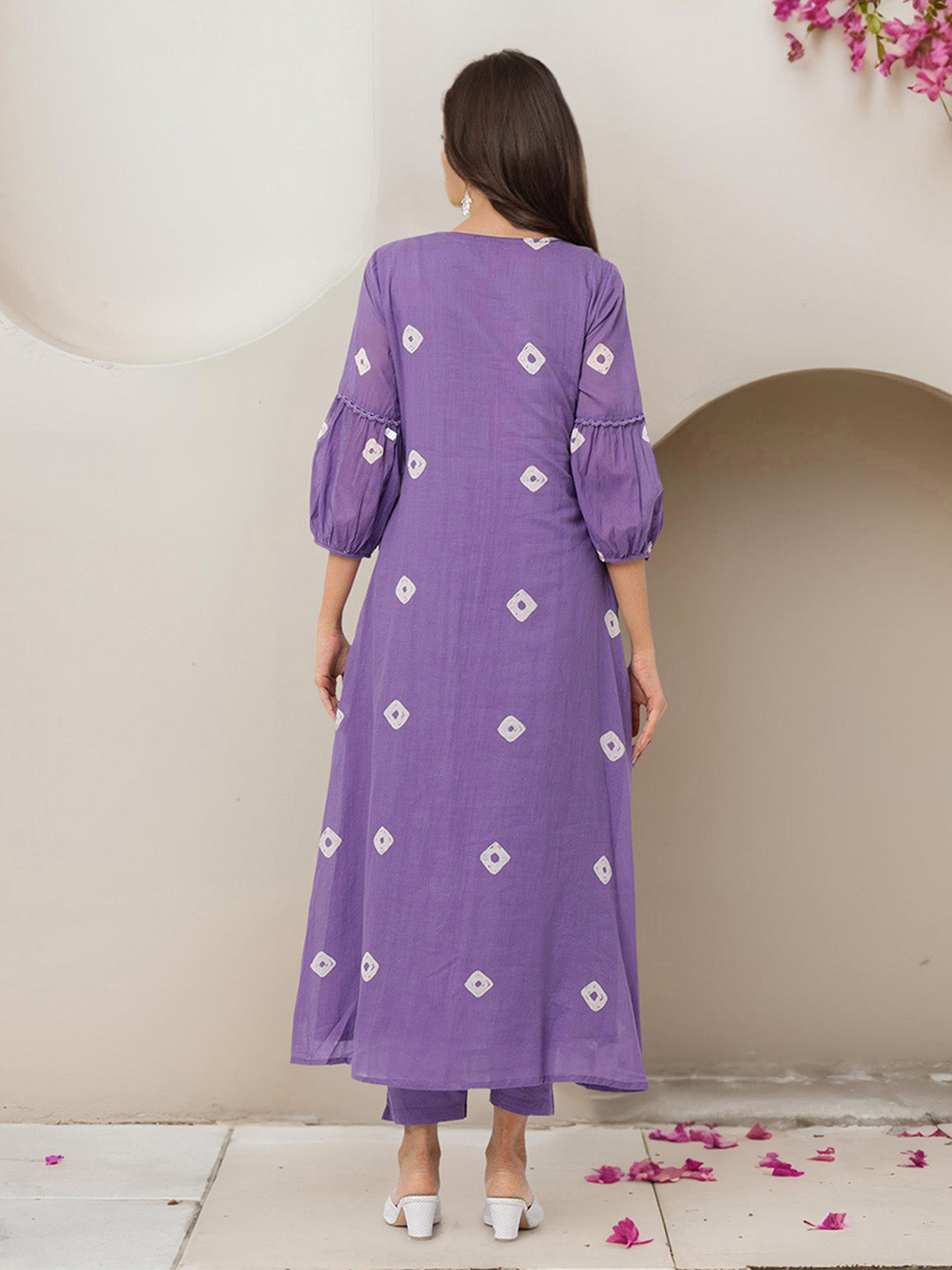 Comfy Purple Cotton Bandhani Printed A-line Fit  Kurta Set