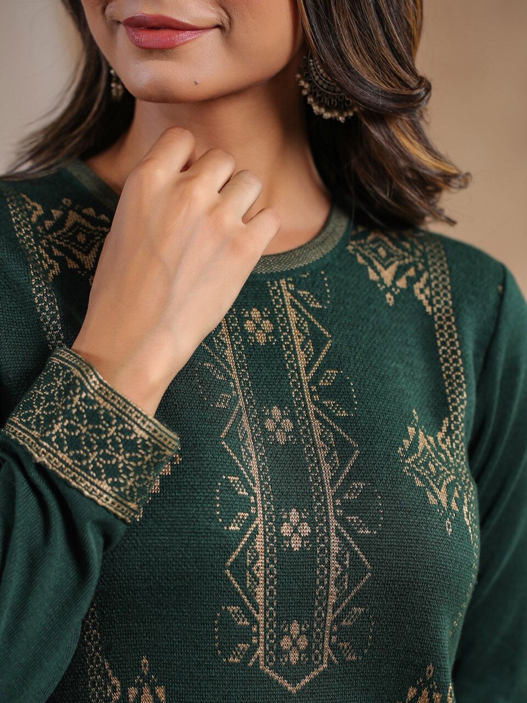 Warm Green Acrylic Ethnic Motif Printed Kurta Set With Jacquard Knitted Design And Straight Bottom