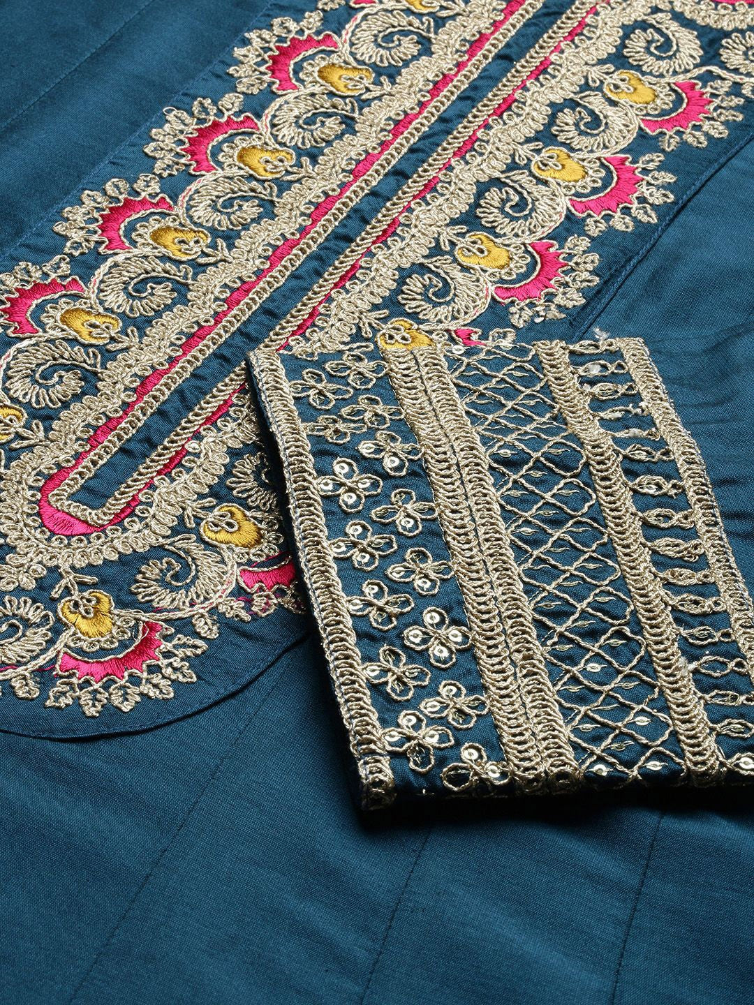 Graceful NavyBlue Silk Blend Zari Embroidery Aline  kurta set with dupatta