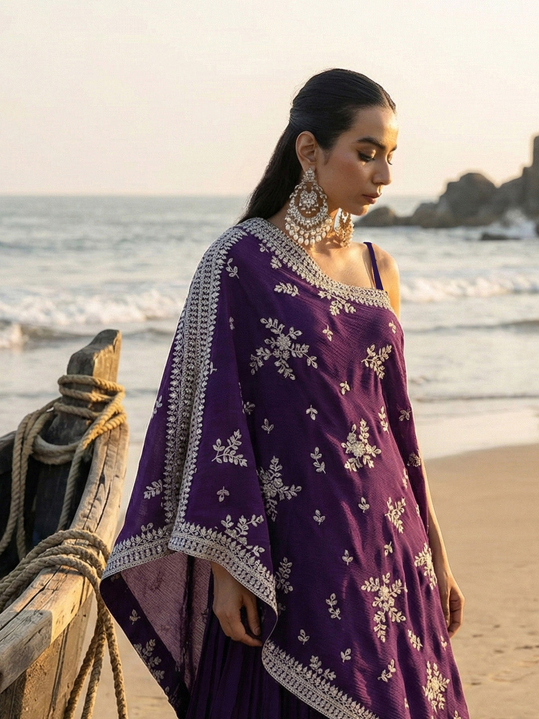 Rich Chinon Embroidered Purple Embroidered A Line Co-Ords Sharara Bottom