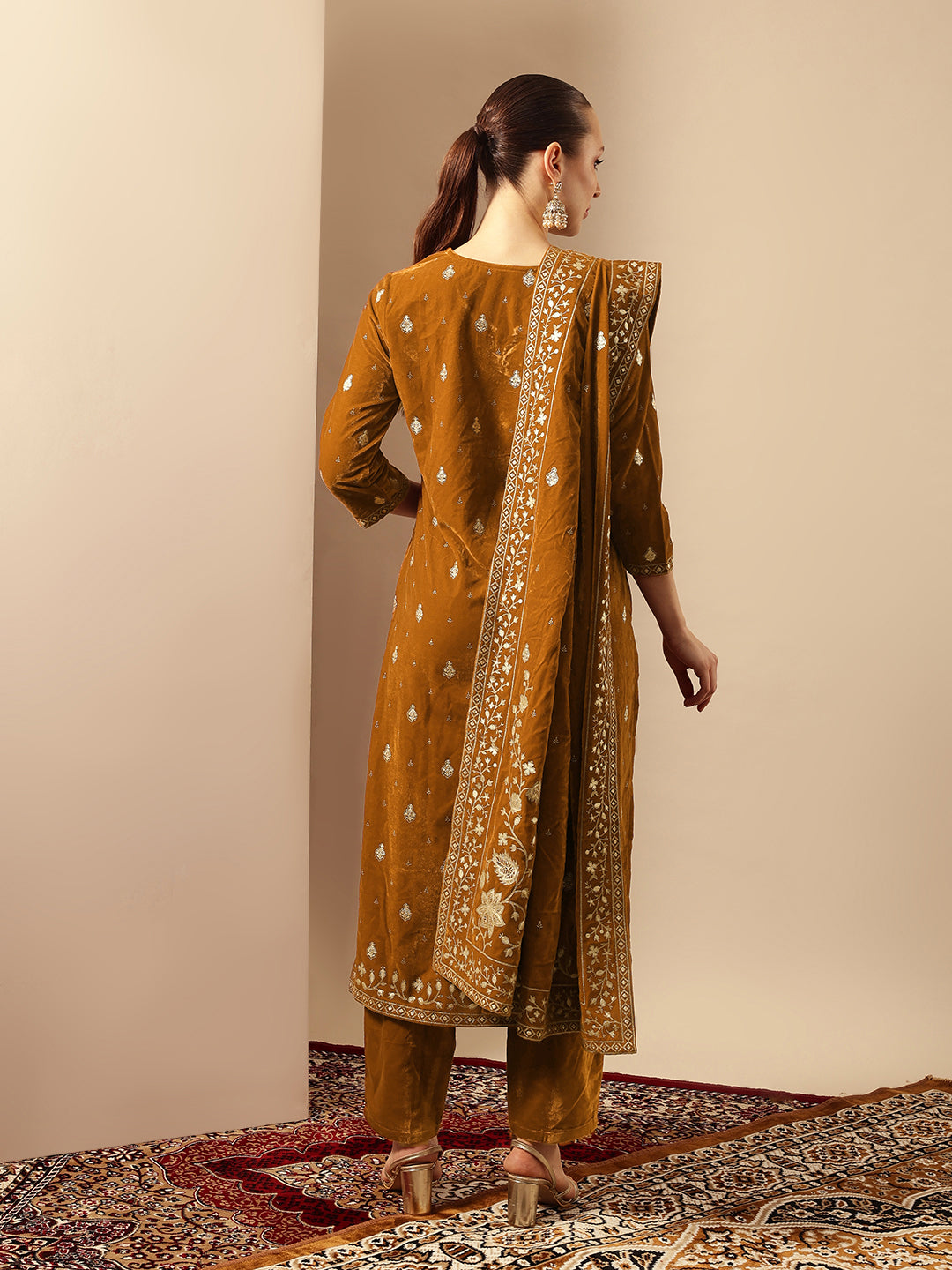 Rich Gold Velvet Gold Print Straight Kurta sets with dupatta