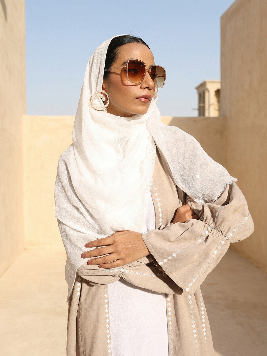 Rich Beige Relaxed Abaya with Hijab in Crinckle Cotton