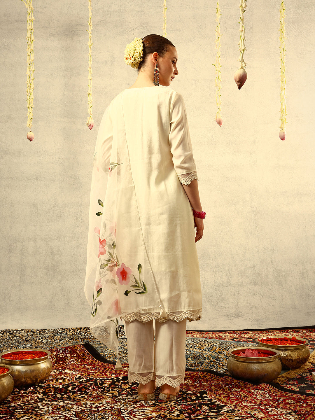 Off White Mirror & Thread Embroidered  Festive Kurta with Trouser & Hand Painted Dupatta