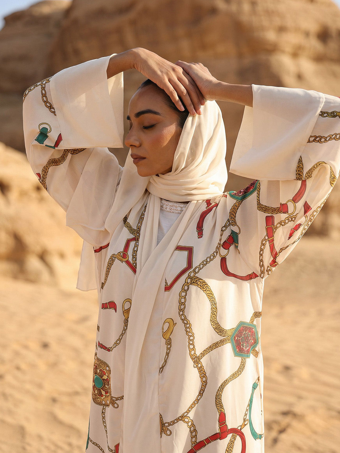 Rich Printed Woven Longline Offwhite Abaya with Hijab