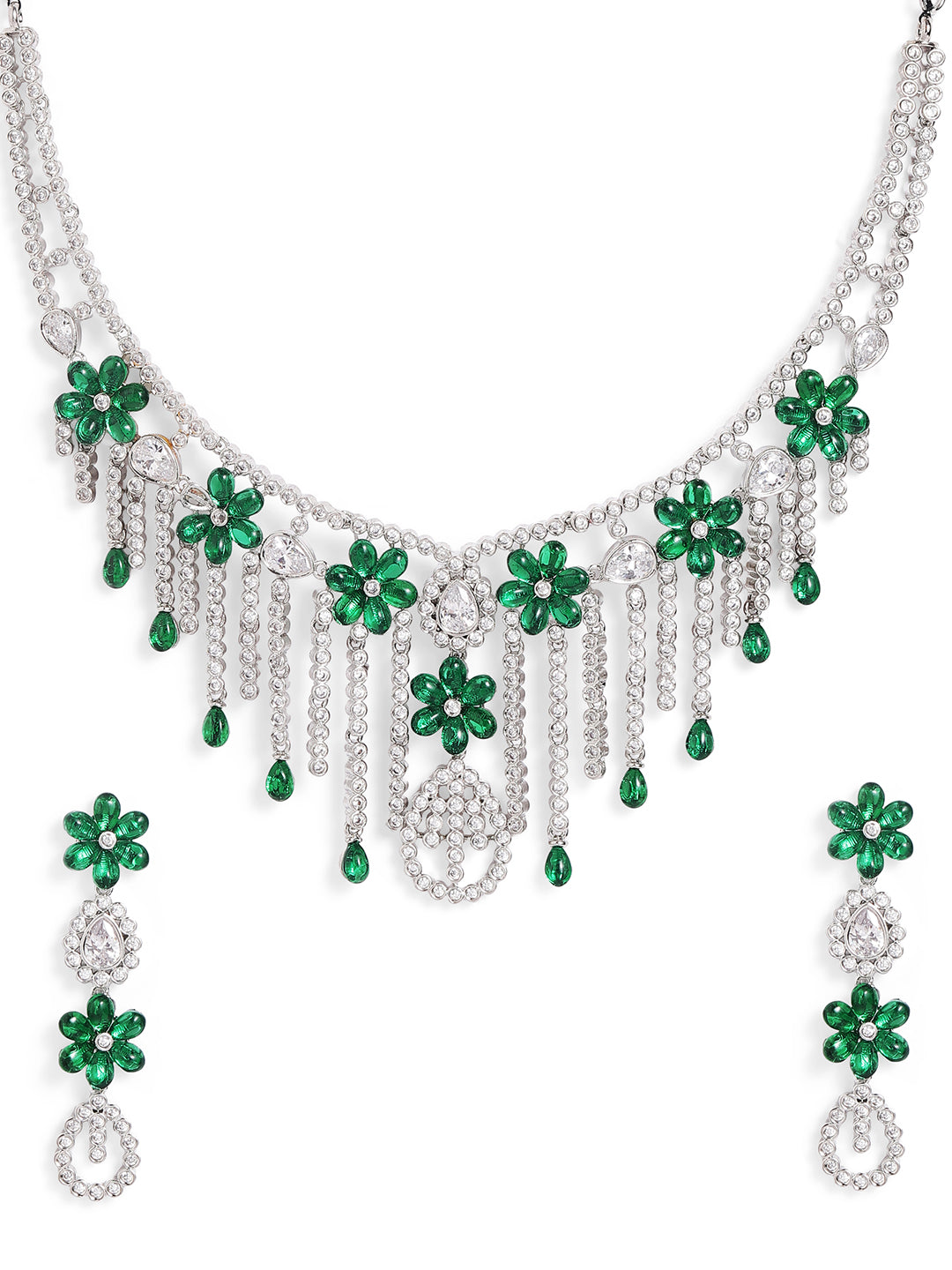 Green Colour Silver Plated AD Jewellery Set