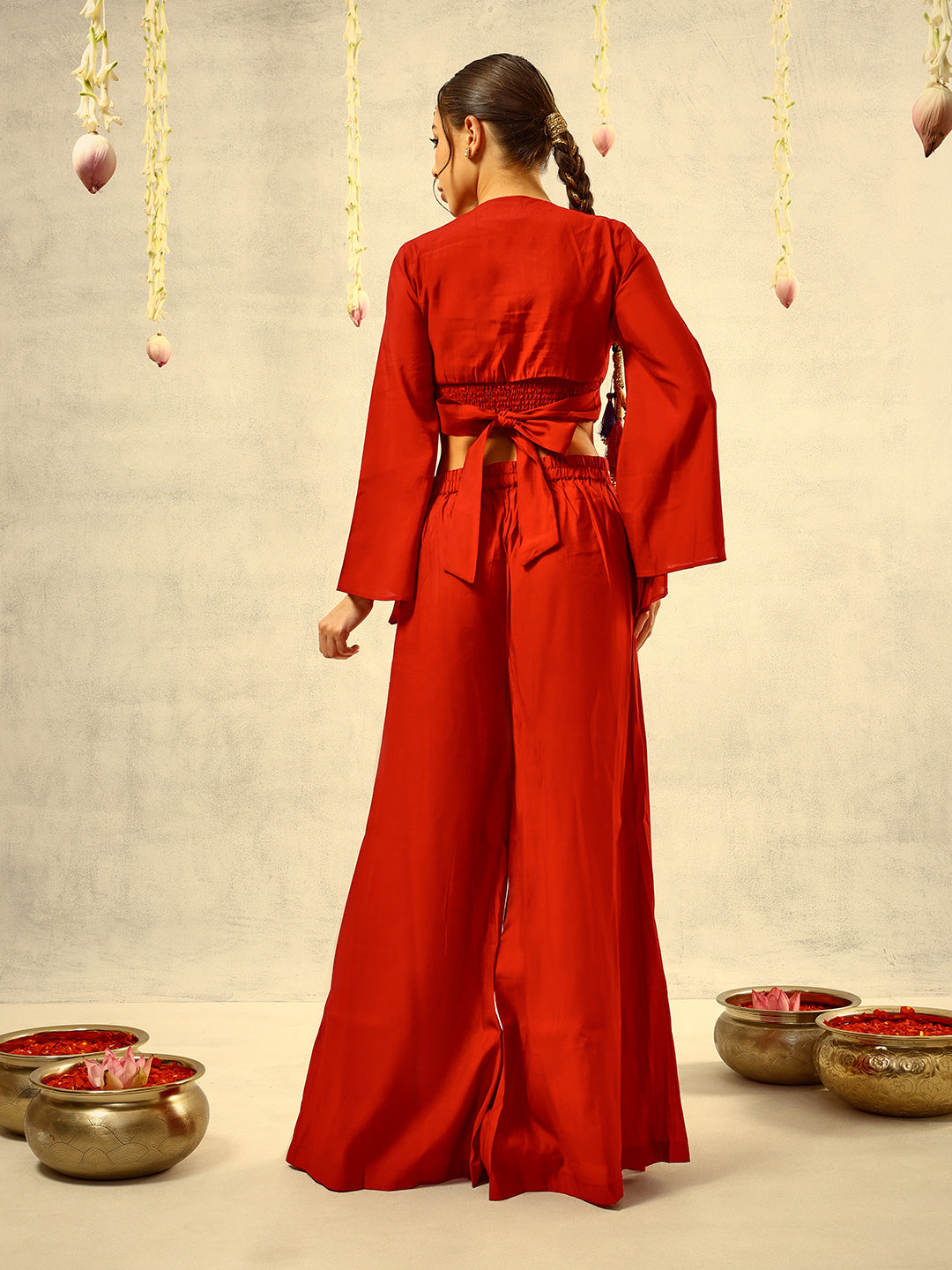 Maroon Zari Embroidered  Festive Tie Up CropTop with Layered Palazzo