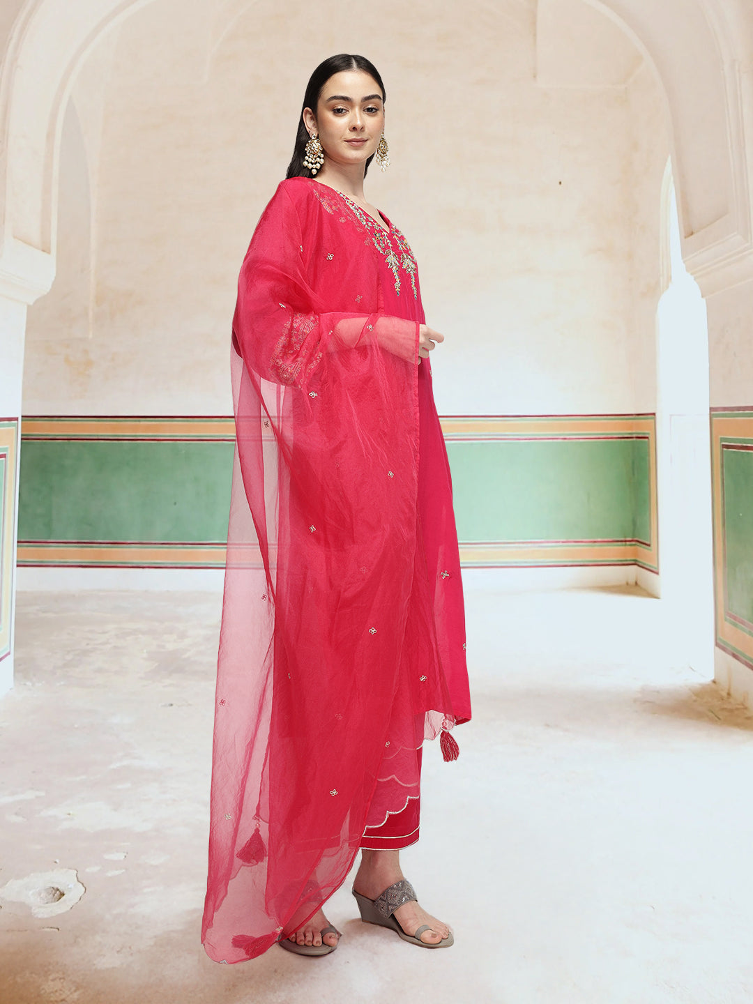 Graceful Pink Chinon Zari Embroidered Straight Fit  Kurta Set with scallop detailed dupatta