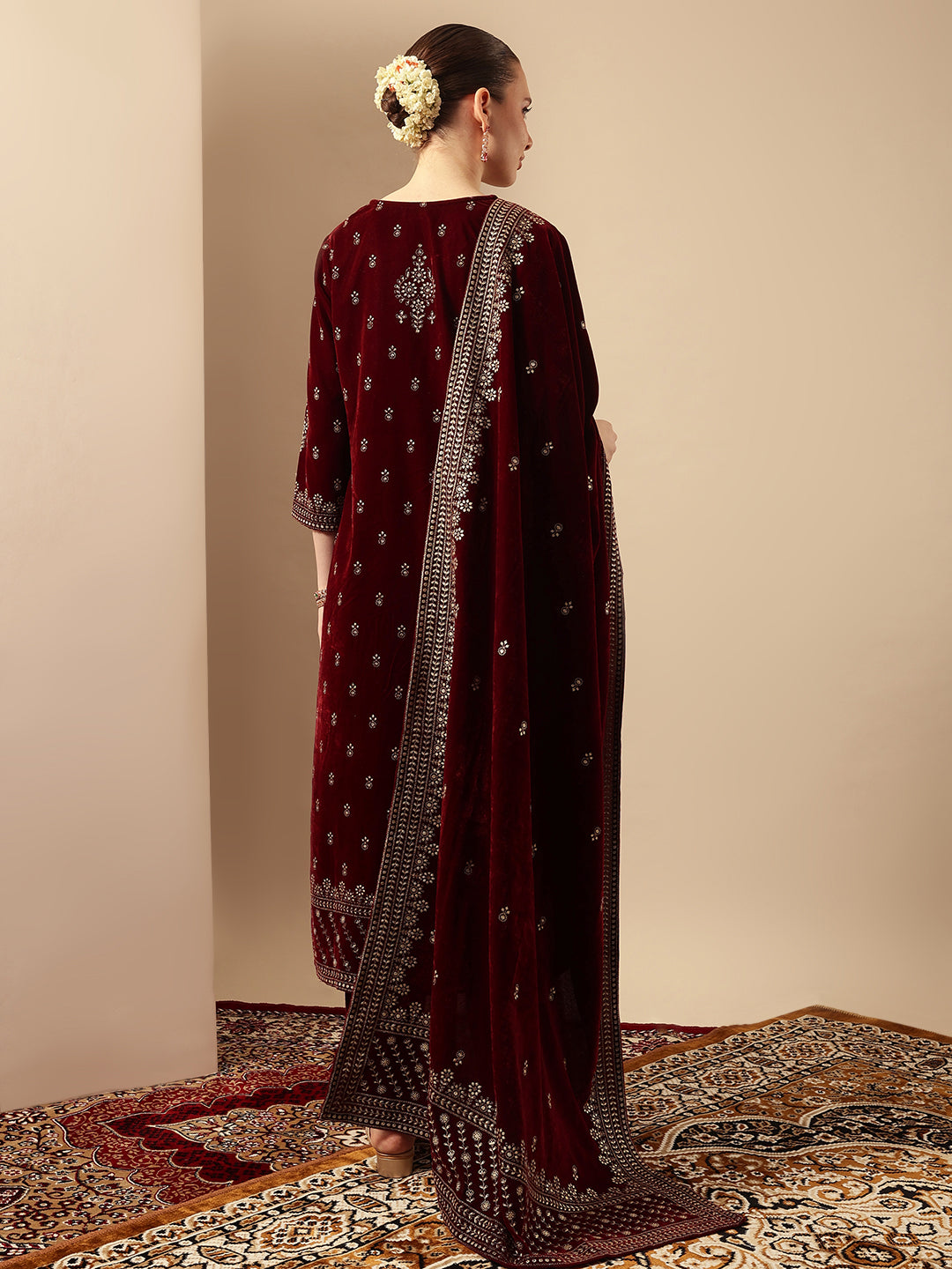 Rich Maroon Velvet Gold Print Straight Kurta sets with dupatta