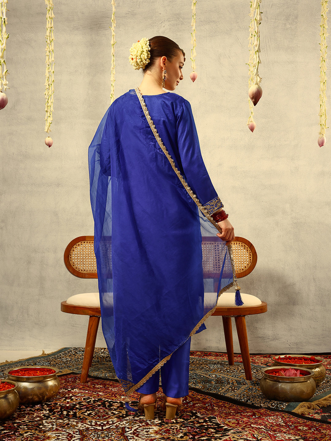 Ishin Royal Blue Cording & Zari Embroidered  Festive Kurta with Trouser & Organza Dupatta