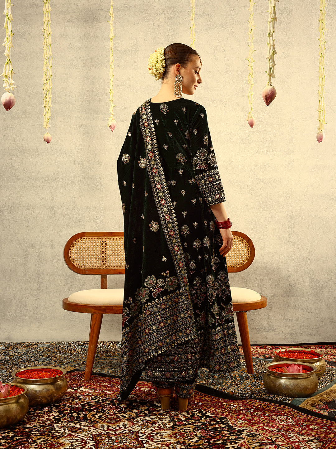 Ishin Green Gold Printed Anarkali Festive Kurta with Trouser & Velvet Dupatta