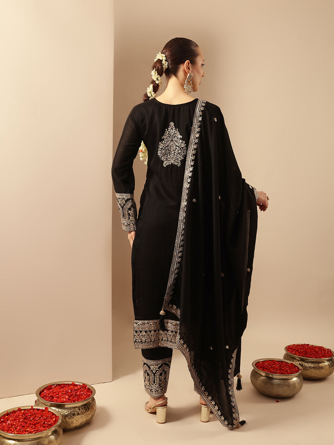 Rich Black Embroidered Kurta set with organza dupatta