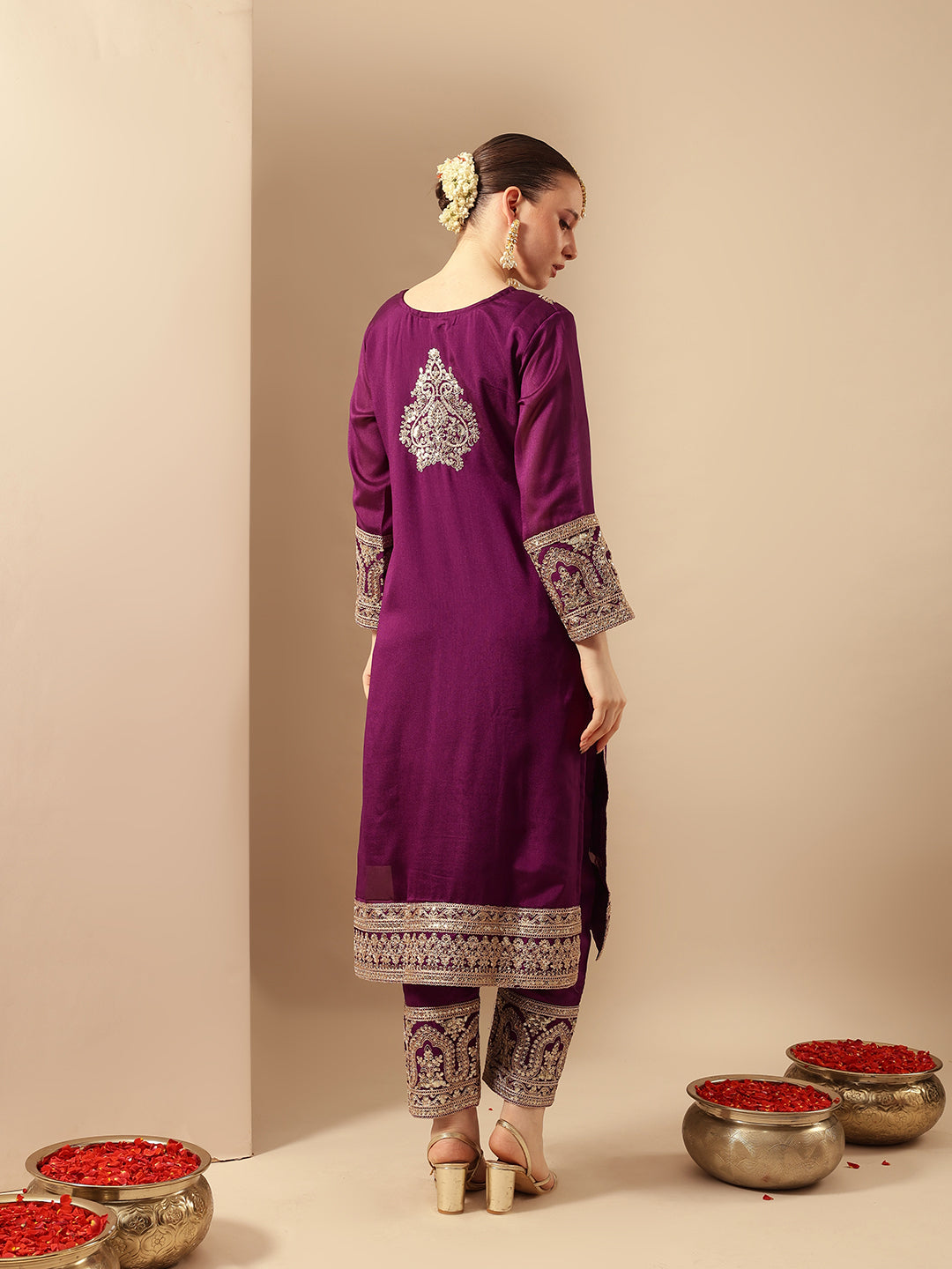 Rich Purple Embroidered Kurta set with organza dupatta